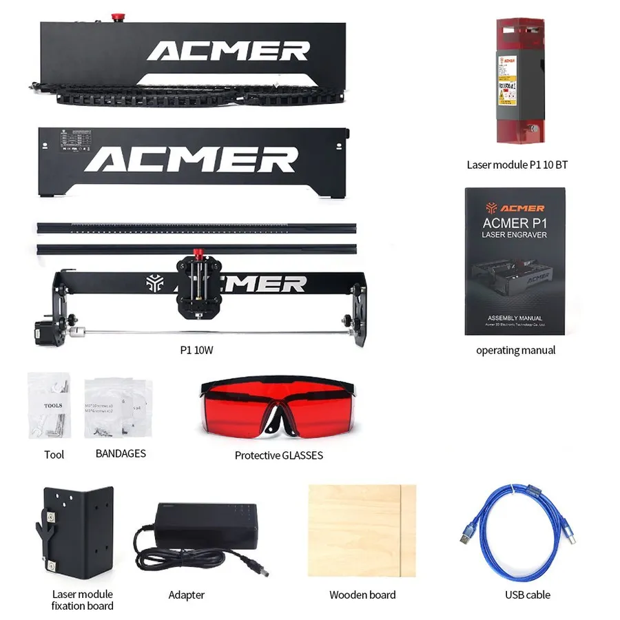 ACMER P1 10W, scope of delivery with frame parts, laser module, safety glasses and accessories