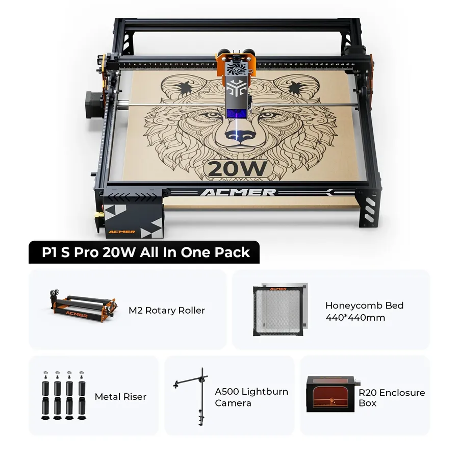 ACMER P1 S Pro 20W in the complete bundle with rotary module, honeycomb bed, risers, camera and enclosure