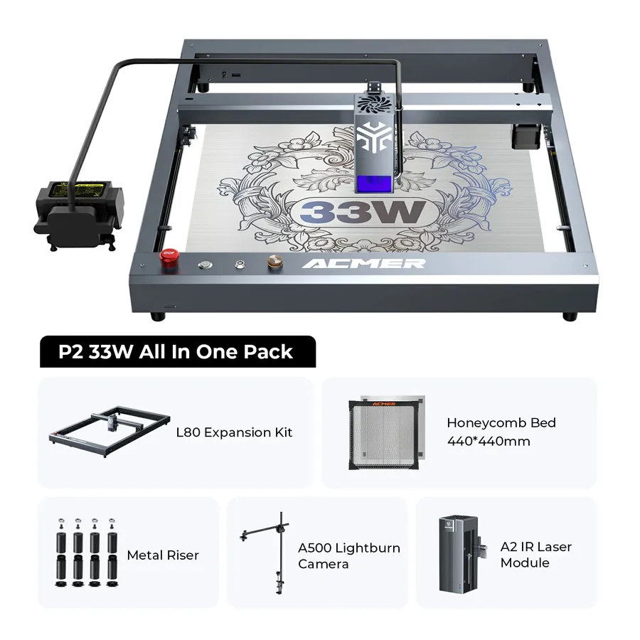 ACMER P2 33W in the complete bundle with extension set, honeycomb bed, risers, camera and IR laser module