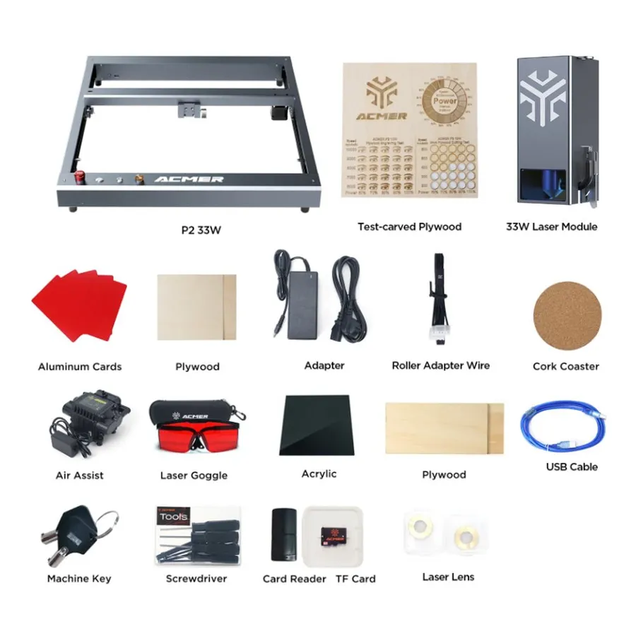 ACMER P2 33W, scope of delivery with frame, 33 W laser module, air assist and accessories