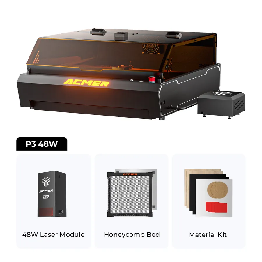 ACMER P3 48W with enclosure in the basic bundle with laser module, honeycomb bed and material set