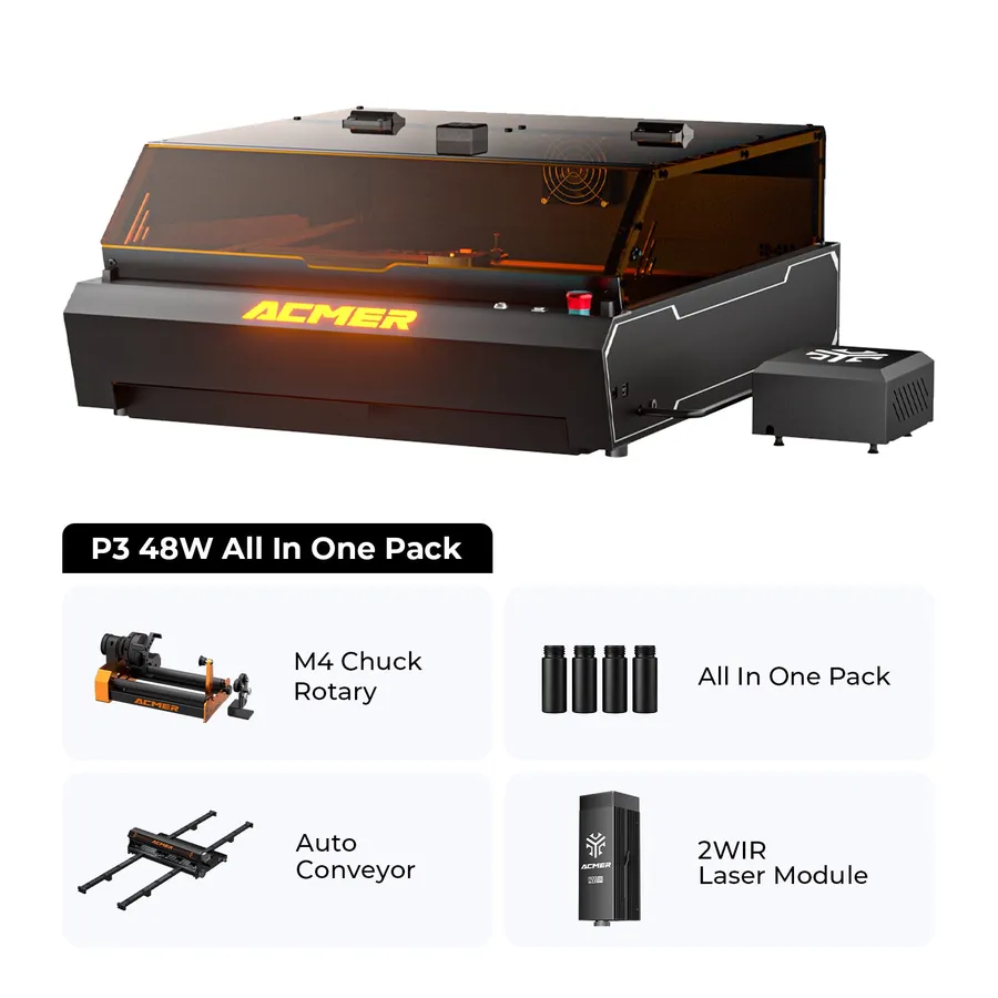 ACMER P3 48W in the complete package with rotary attachment, conveyor belt and 2 W IR laser module