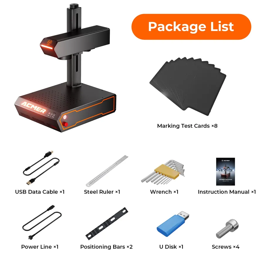 ACMER PM fibre laser with scope of delivery: test cards, cable, tool, USB stick and manual