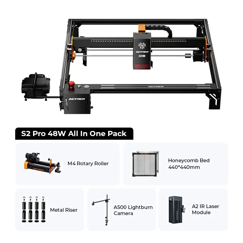 ACMER S2 Pro 48W in the complete bundle with rotary module, honeycomb bed, risers, camera and IR laser module