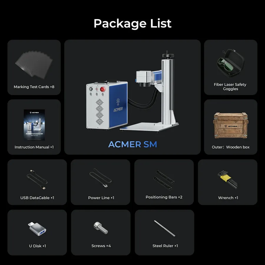 ACMER SM fibre laser with separate control unit and contents of the box: test cards, safety glasses, cable, tool and wooden crate