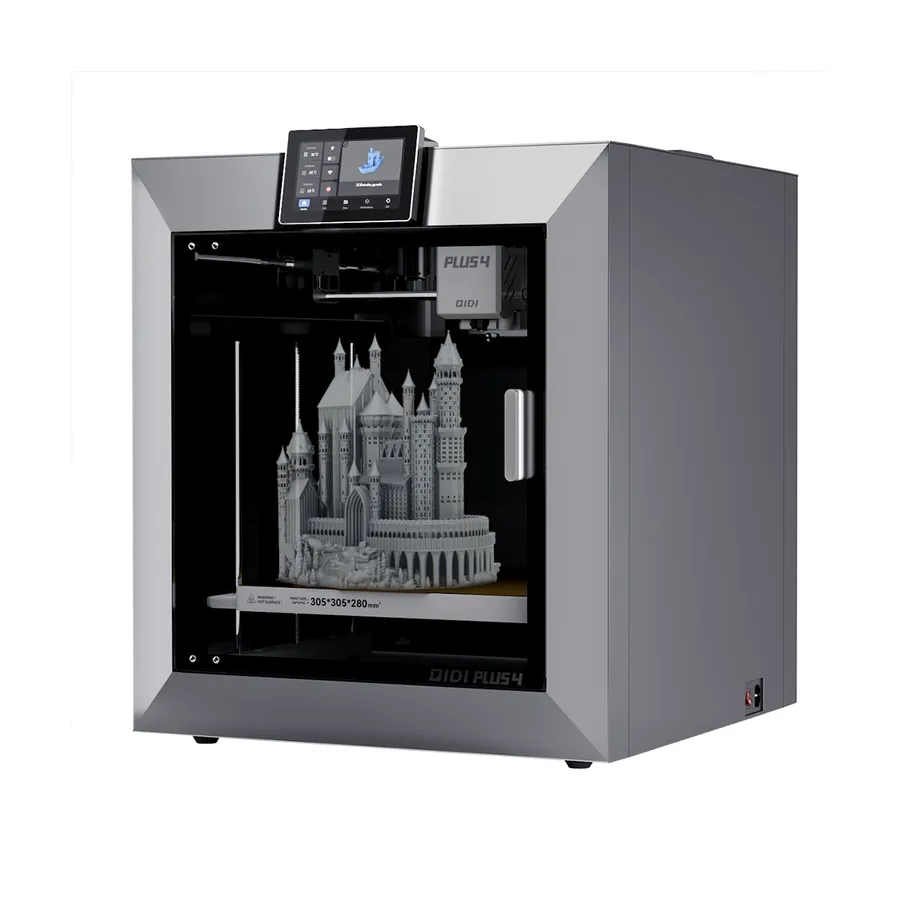 QIDI Plus4, angled front view with printed part in the build volume