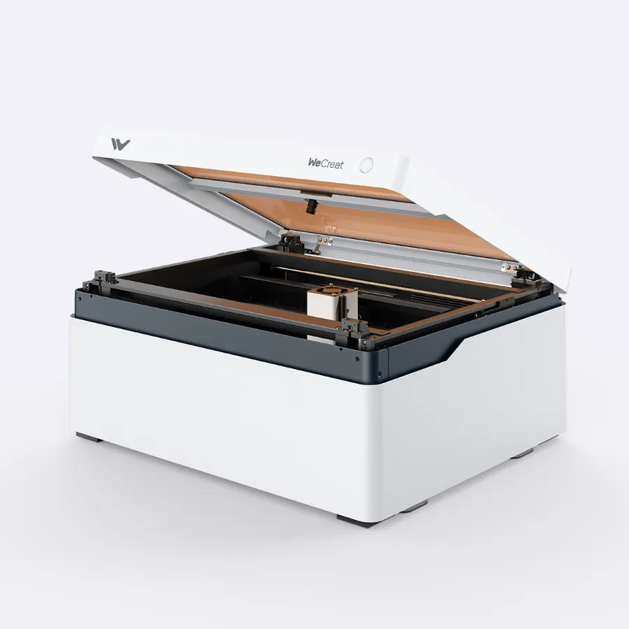 WeCreat Vision 20W with the lid open, seen from the front at an angle